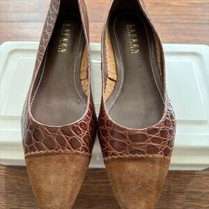 Lauren Ralph Lauren Brown Croc Embossed Suede Cap Toe Pump Size 7 Made in Brazil